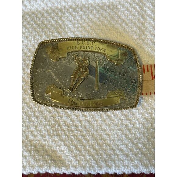 Montana Silversmiths 1984 Pole Bending Trophy Belt Buckle With Name Cowgirl